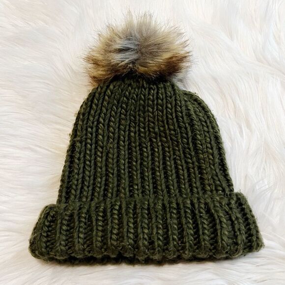 Pom Pom Knit Fold Over Beanie Dark Green One Size - Picture 2 of 3